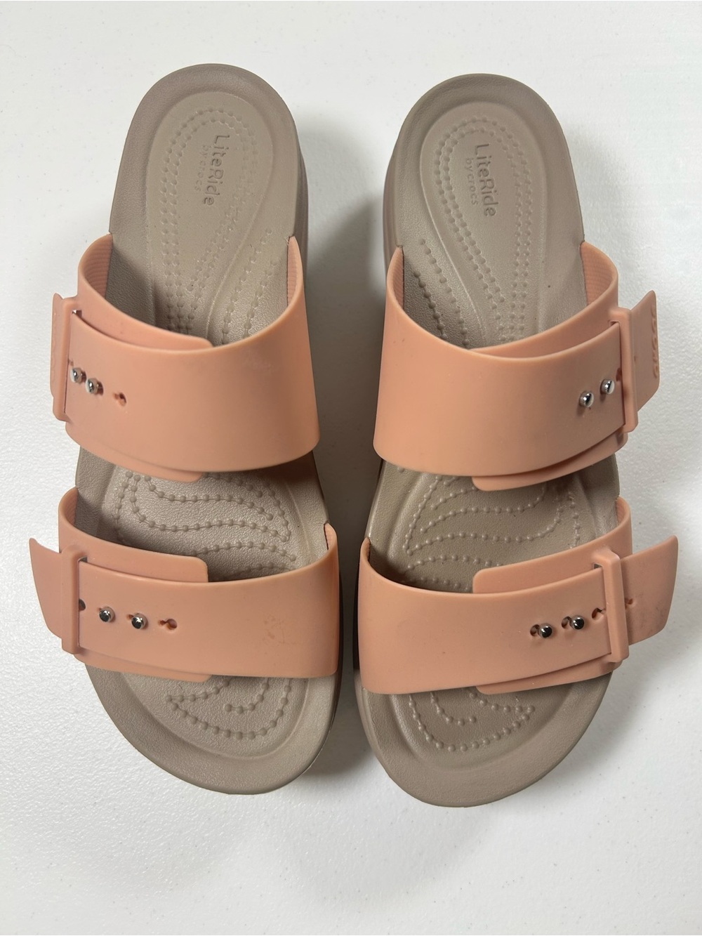 CROCS Lite ride Women's Brooklyn Buckle Peachy Nude Dual-Strap Slide Sandals